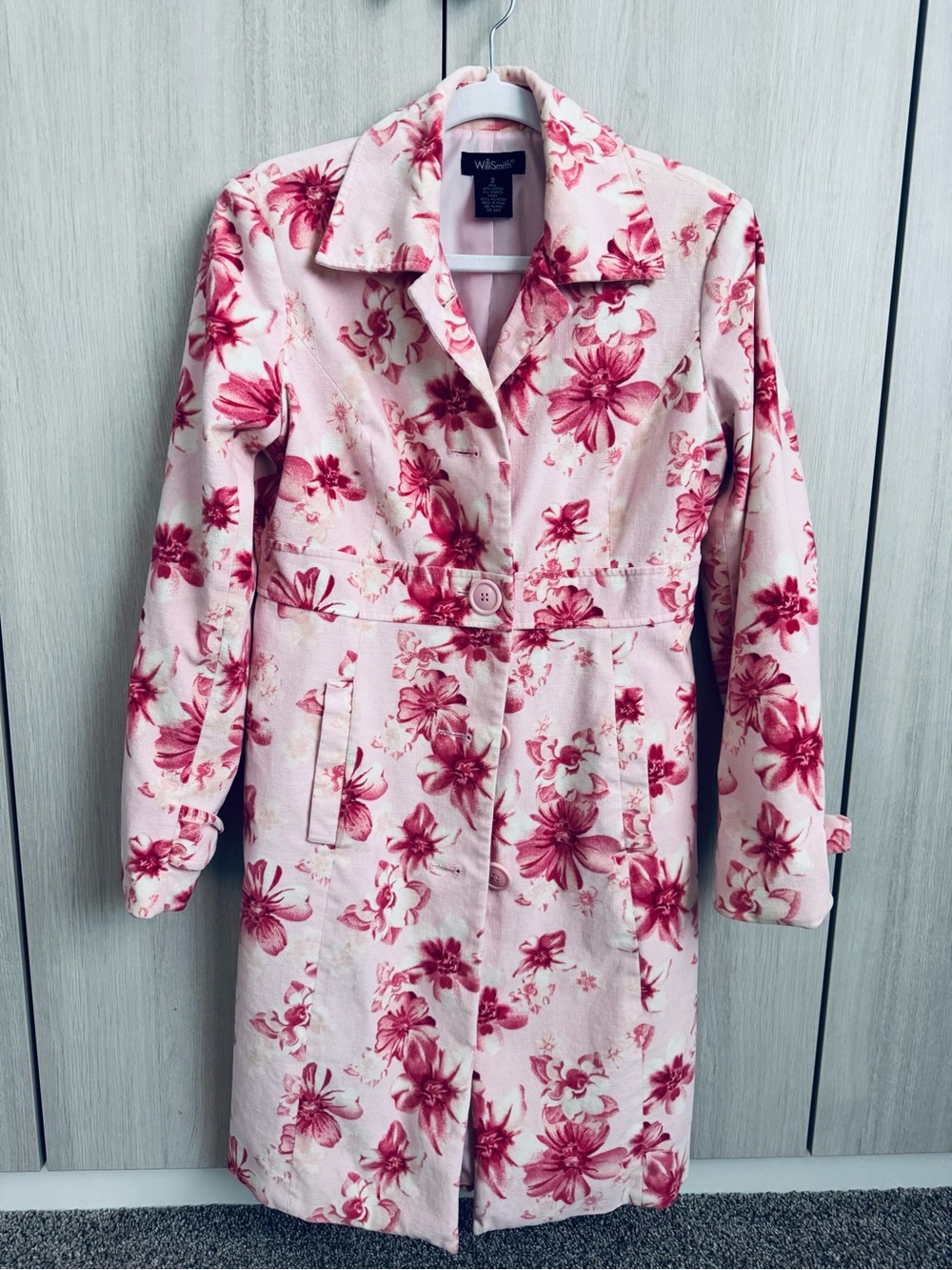 Will Smith Pink Floral button down Notch Collar Pea Coat Sz 2 Vintage